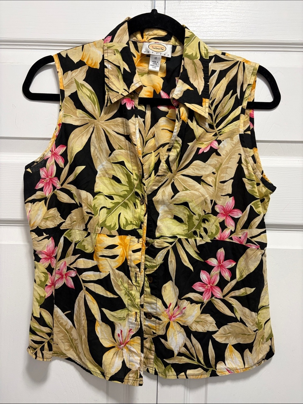 Talbots Black Tropical Print Sleeveless Button-Down Top 12 Korea cotton